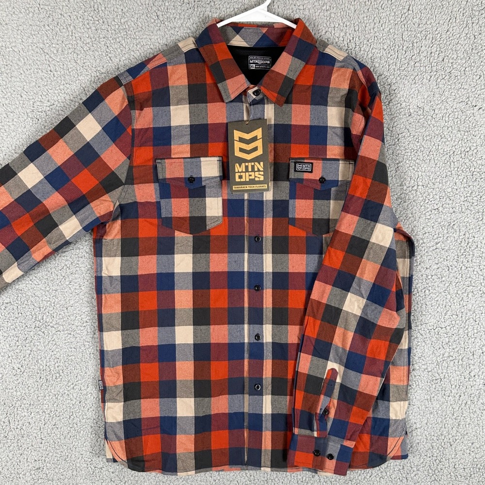 MTN OPS Shirt Flannel Mens XL Red Blue Plaid Button Up‎ Flap Pocket Stretch NEW